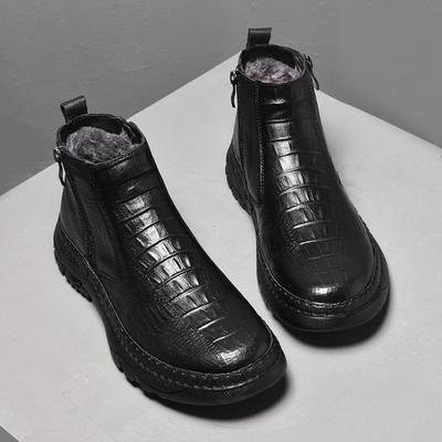 Men's Shoes First-layer Cowhide Short Boots Business Leather Boots Outdoor Leisure Autumn and Winter High-top Zipper Foot Crocodile Cotton Boots