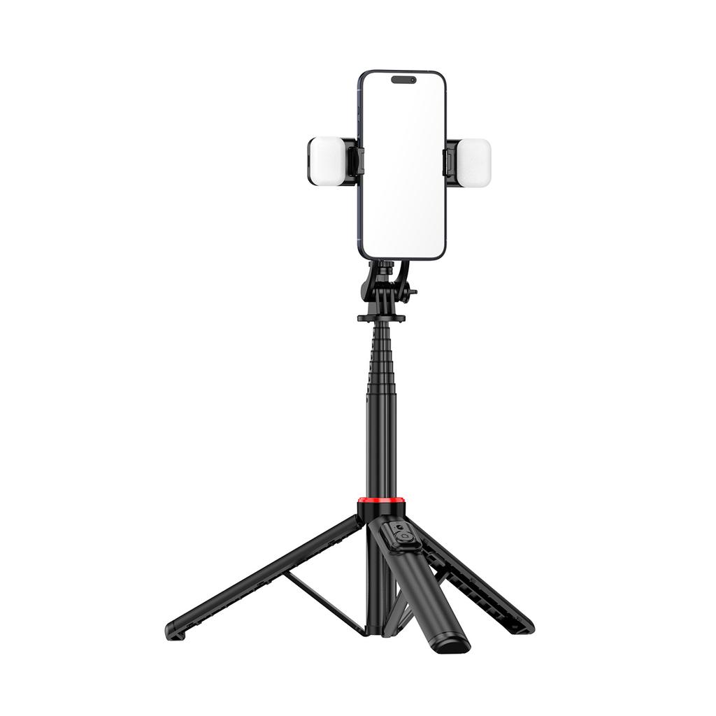 Aluminum Alloy Extendable Selfie Stick Tripod 1.3m with Dual Lights & Phone Holder - Black