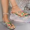 Fashion Beach Vocation High Clear Heels Sandals Women Summer 2025 Fashion Big Square Toe Floral Print Bohemia Slides Woman Plus Size 43