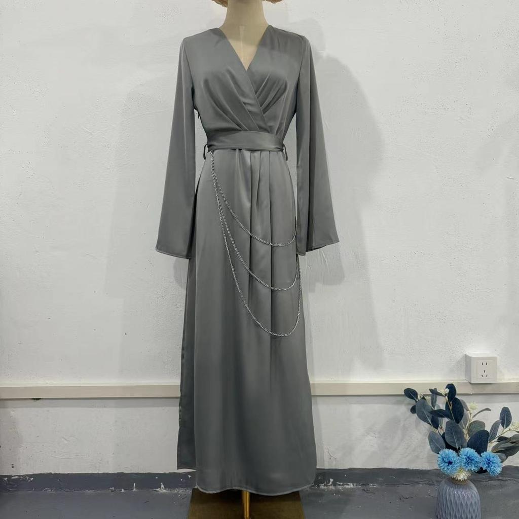 GMXIA Damska sukienka jesienna Temperament Długi łańcuch w talii Jednolity kolor Satynowa sukienka