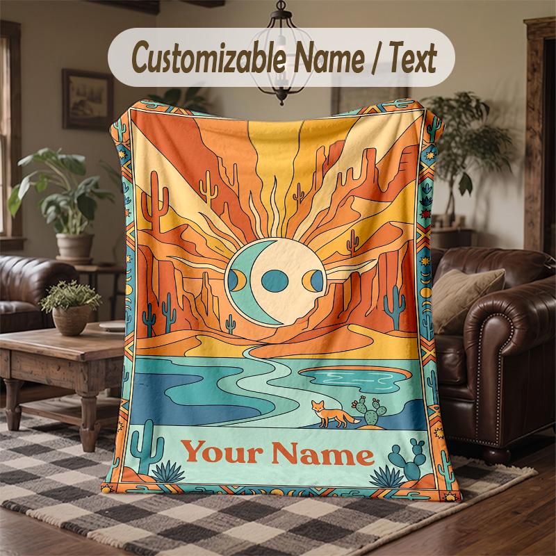 Desert Roses Cacti Theme Throw Blanket Custom Name Text Personalized Blanket Soft Cozy Blanket for Home Sofa Bed