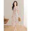 Women's Floral Square Neck Puff Sleeve High Waist A-Line Midi Dress