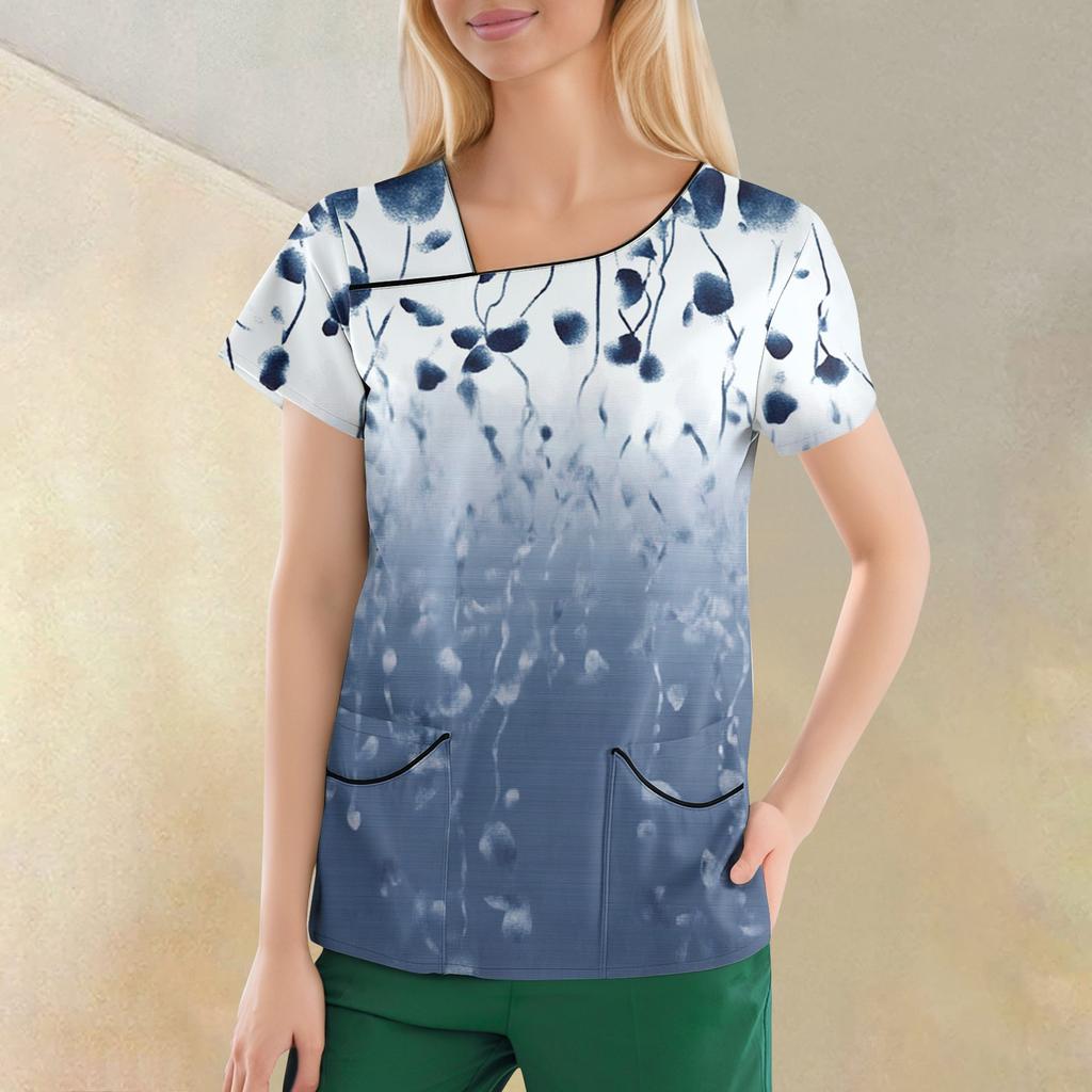 Women's Casual  Print Short Sleeve Sloping Collar Workwear Top With Double Pockets