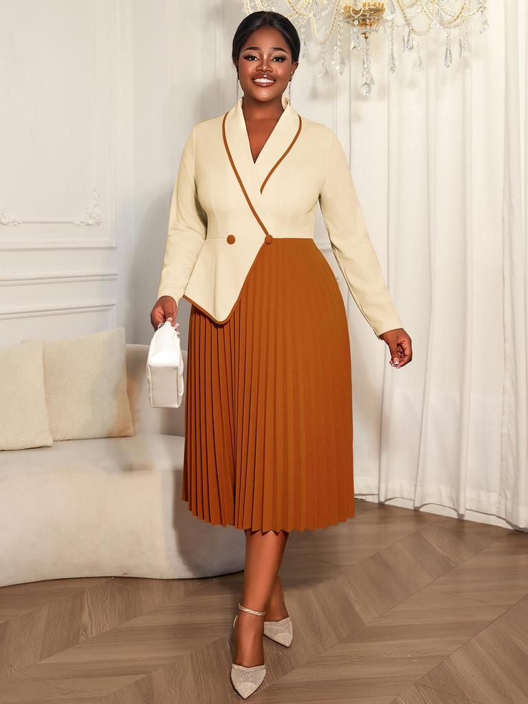 Women's Plus Size Color Block Two-Piece Look Long Sleeve Dress with Lapel and Pleated Skirt - Elegant Office Wear