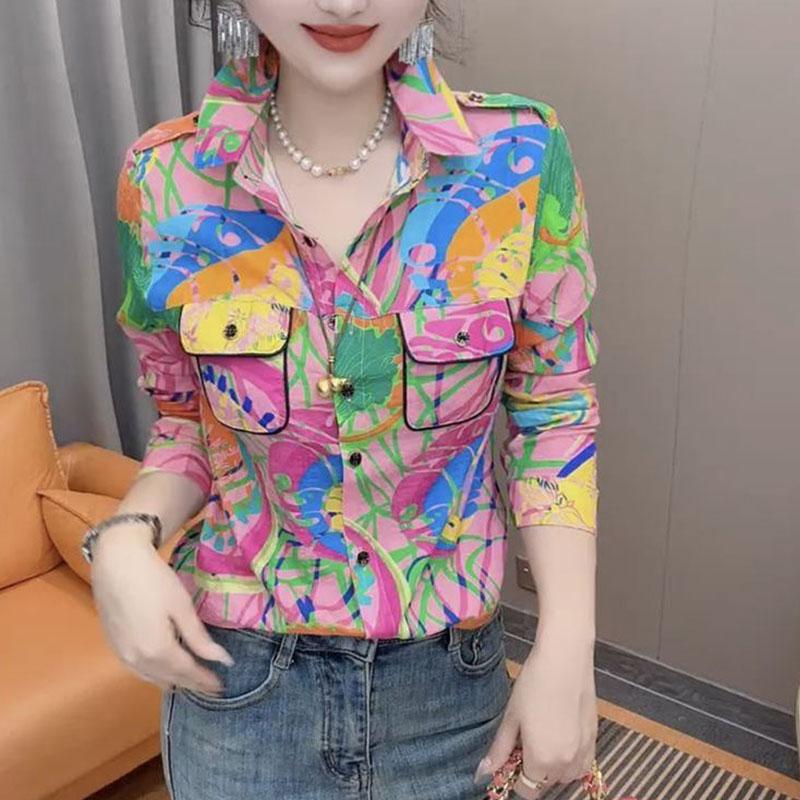 Elegant Fashion Slim Loose Sweat Casual All Match Tops Women Printed Lapel Collar Long Sleeve Shirt