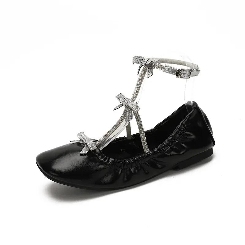 

Fashion French Vintage Heavy Duty Rhinestone Butterfly Knot Slip-On Flat Bottom Ballet Single Shoes Women Mary Jane Shoes 35 чёрный