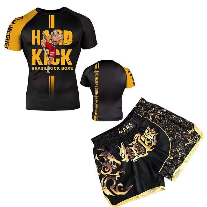 Herren Kompressions MMA Boxen Trainingsset Kurzarm Rash Guard Shorts Kampfsport Fitness