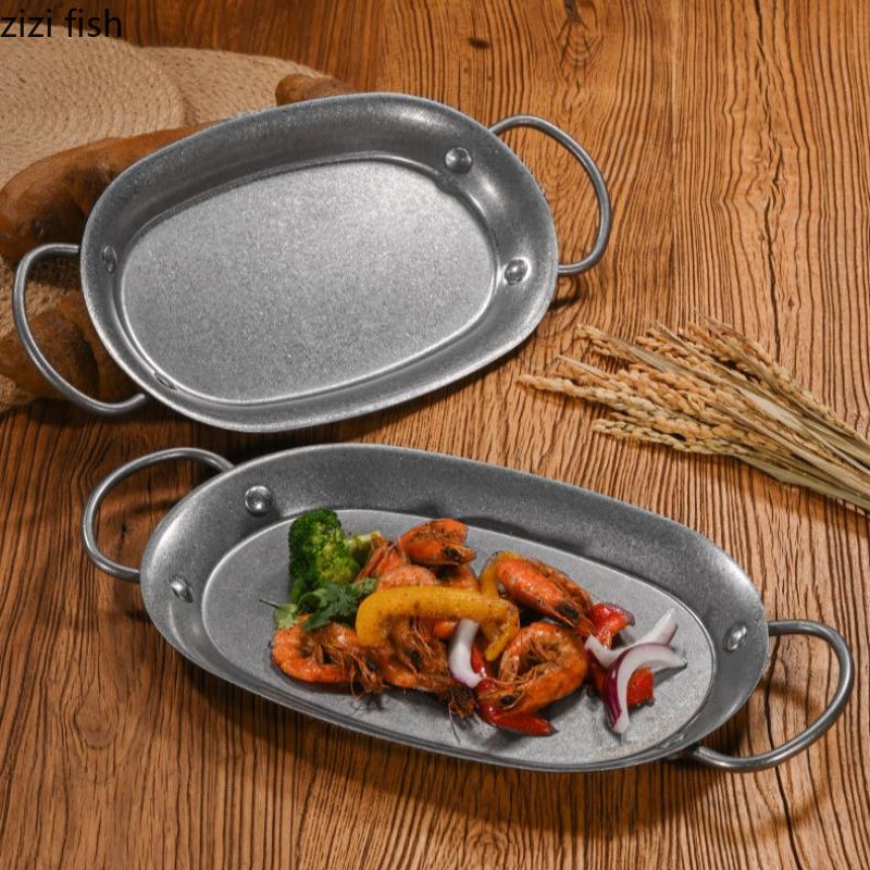 Vintage Stainless Steel Dining Plate Silver Steak Plate Double Ear Fish Dish Fruit Plates Salad Bowl Serving Plates Snack Tray