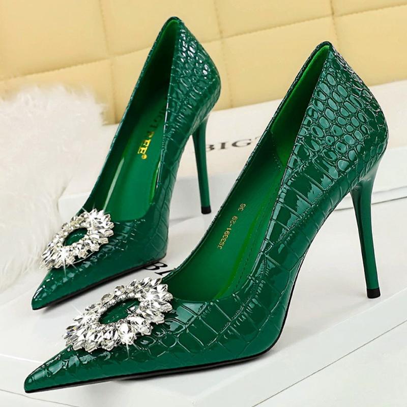 Fashion Women Pumps Patent Leather Snake Patterned Rhinestone High Heels 10 CM Stilettos Sexy Party Shoes Luxury Women Heels