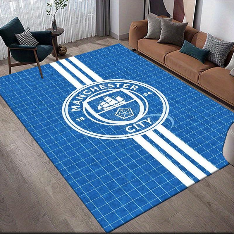 Man City Flannel Printed Carpet, Home Sofa Decoration for Living Room & Bedroom, Non‑Slip Play Flannel Floor Mat for Game Room