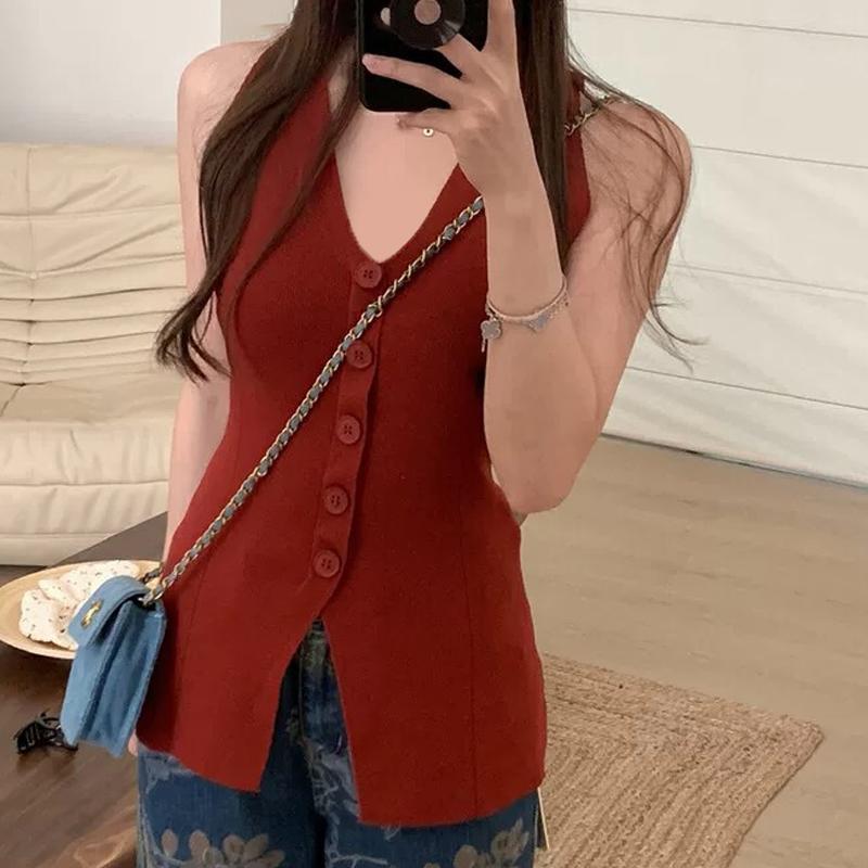 Summer Women'S Sexy Solid Color V-Neck Single-Breasted Sleeveless Slim Knitted Vest