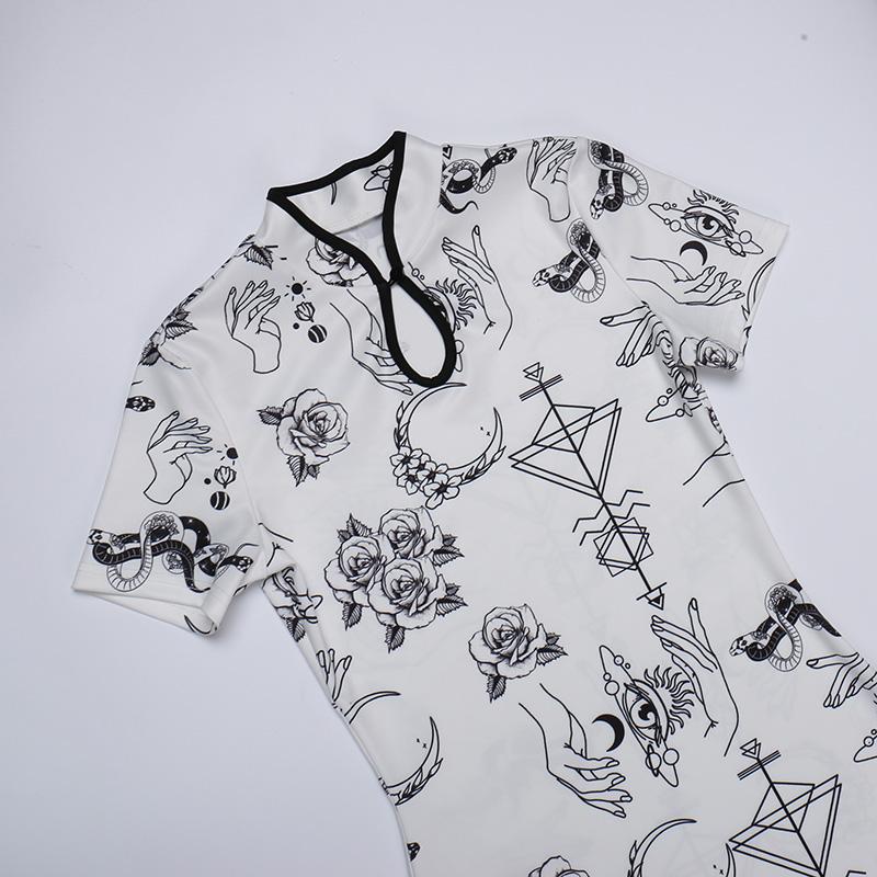 Gotické šaty s květinovým potiskem bílé s krátkým rukávem s vysokým pasem bodycon mini šaty