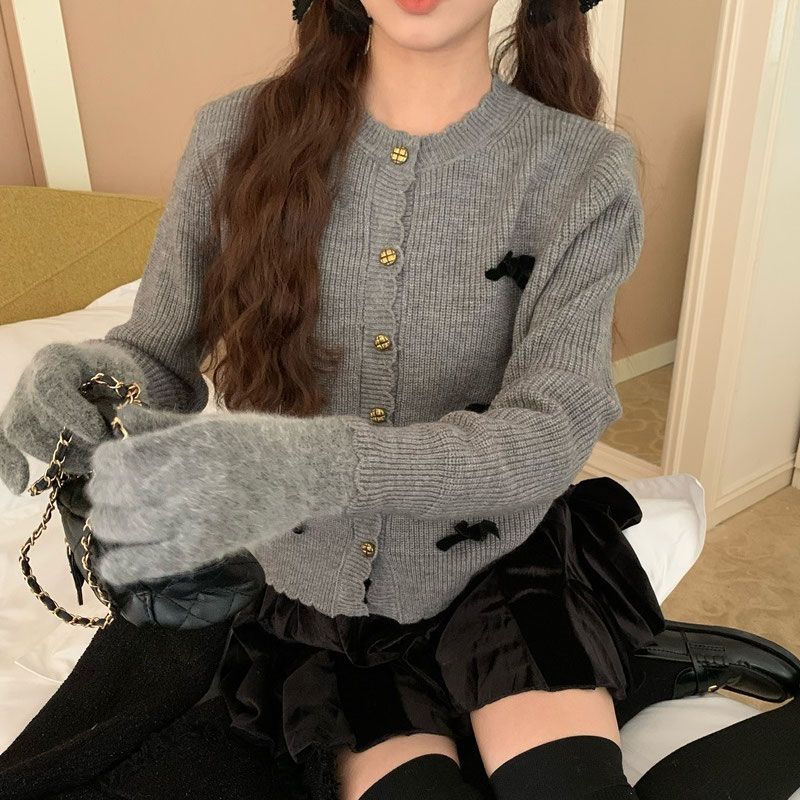 New autumn style bow knit sweater with lace design short and gentle sweater cardigan for women