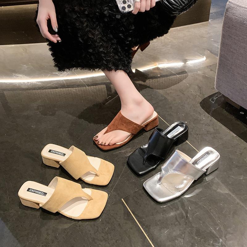 Niche Design Slope Heel Flip-flops Shoes Women Wear Summer New Silver High-heeled Sandals
