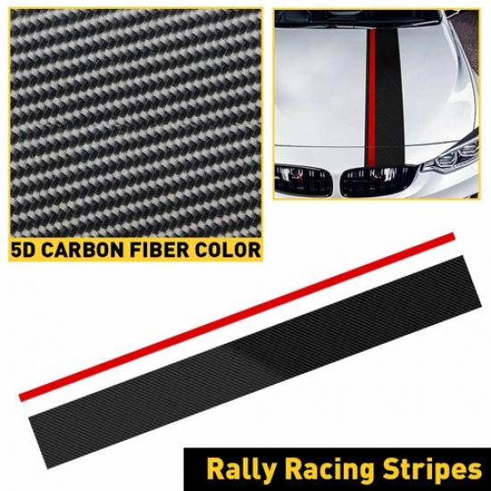 5D Carbon Fiber with Red Rally Stripes Trim Racing Car Body Front Hood Decal