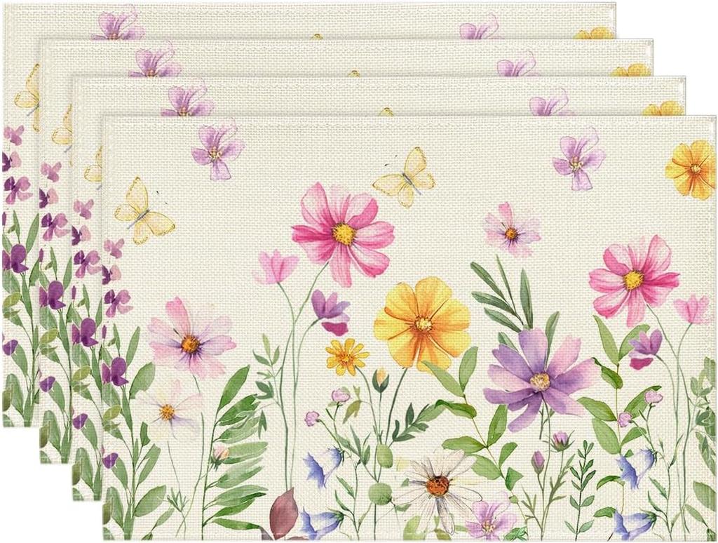 Floral Butterfly Summer Placemats Set of 4, 12x18 Inch Seasonal Spring Placemats for Party Kitchen Dining Summer Decoration