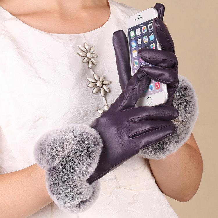 Winter Women's Warm Gloves PU Leather Plus Fleece Warm and Cold Proof Driver Rabbit Fur Mouth Winter Touch Screen Gloves