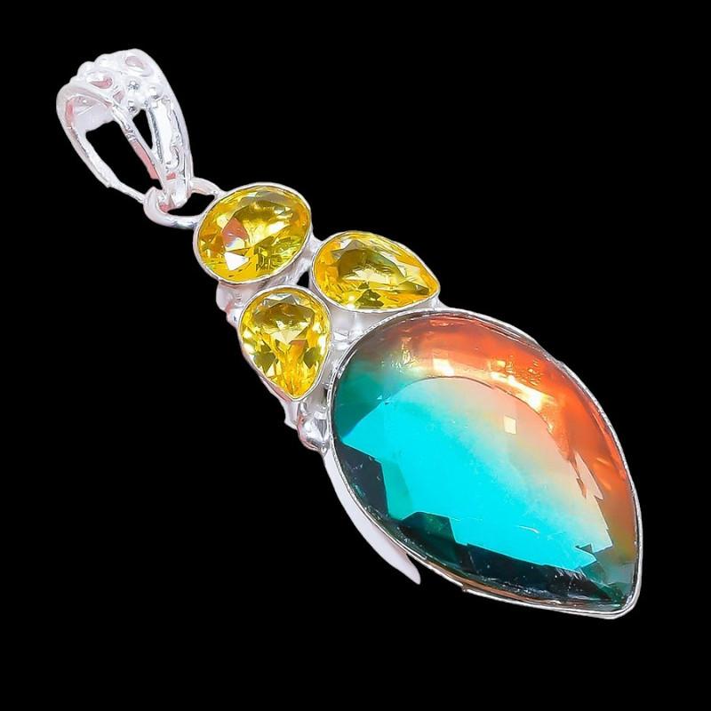 Bi-Color Tourmaline, Citrine 925 Sterling Silver Jewelry Pendant 2.6" AH-3266