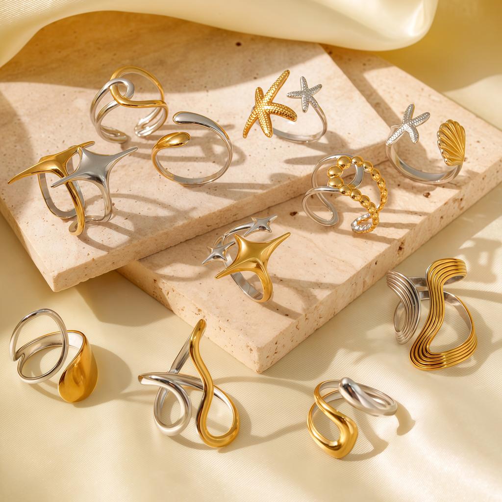 Stainless Steel Gold Silver Color Gradient Design Rings for Women Luxury Fashion  Adjustable Joint Rings Versatile Jewelry Gift