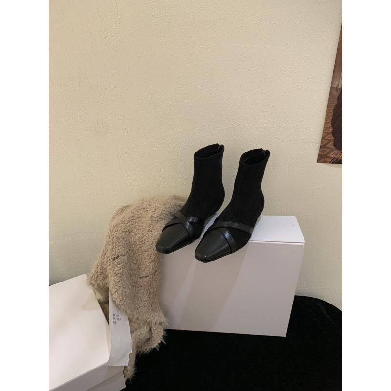 Korean Version of Square Head Suede Splicing Fashion Boots for Women 2025 Autumn and Winter New Temperament Thin Boots Rear Zipper Short Boots for W