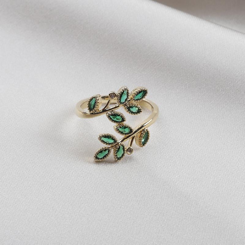 14K Prawdziwe Złocenie Korea Nowa Moda Biżuteria Wykwintne Zielone Cyrkonowe Pszenica Ucho Liść Pierścienie Eleganckie Damskie Otwarte Pierścienie Imprezowe