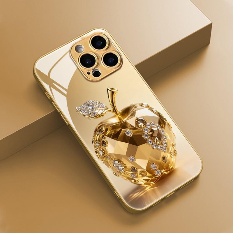 Luxus Juwel Für Apfelmuster Gold Metallic Lack Glas Handyhülle Für iPhone 17 16 15 14 13 12 11 Pro Max Plus 17Air 16E Hülle