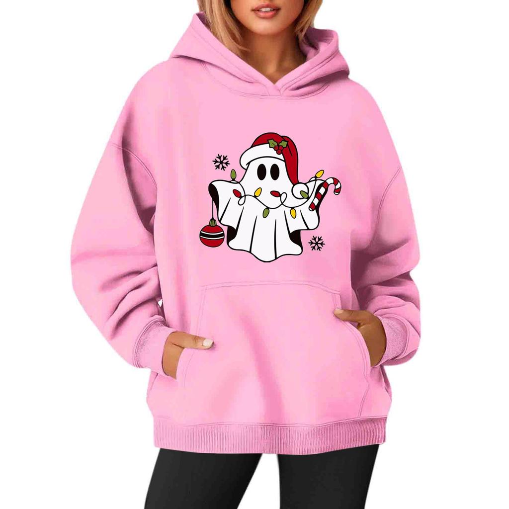 Women's Sweatshirts O-neck Long Sleeve Christmas Printed Top Solid Color Hoodie