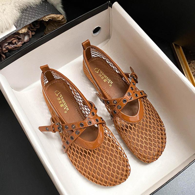 

Fashion New Fashion Solid Color Net Fabric Flat Sandals 2025 Summer Round Toe Hollow Low Heels Comfortable Women Sandals Casual Shoes 42 коричневый