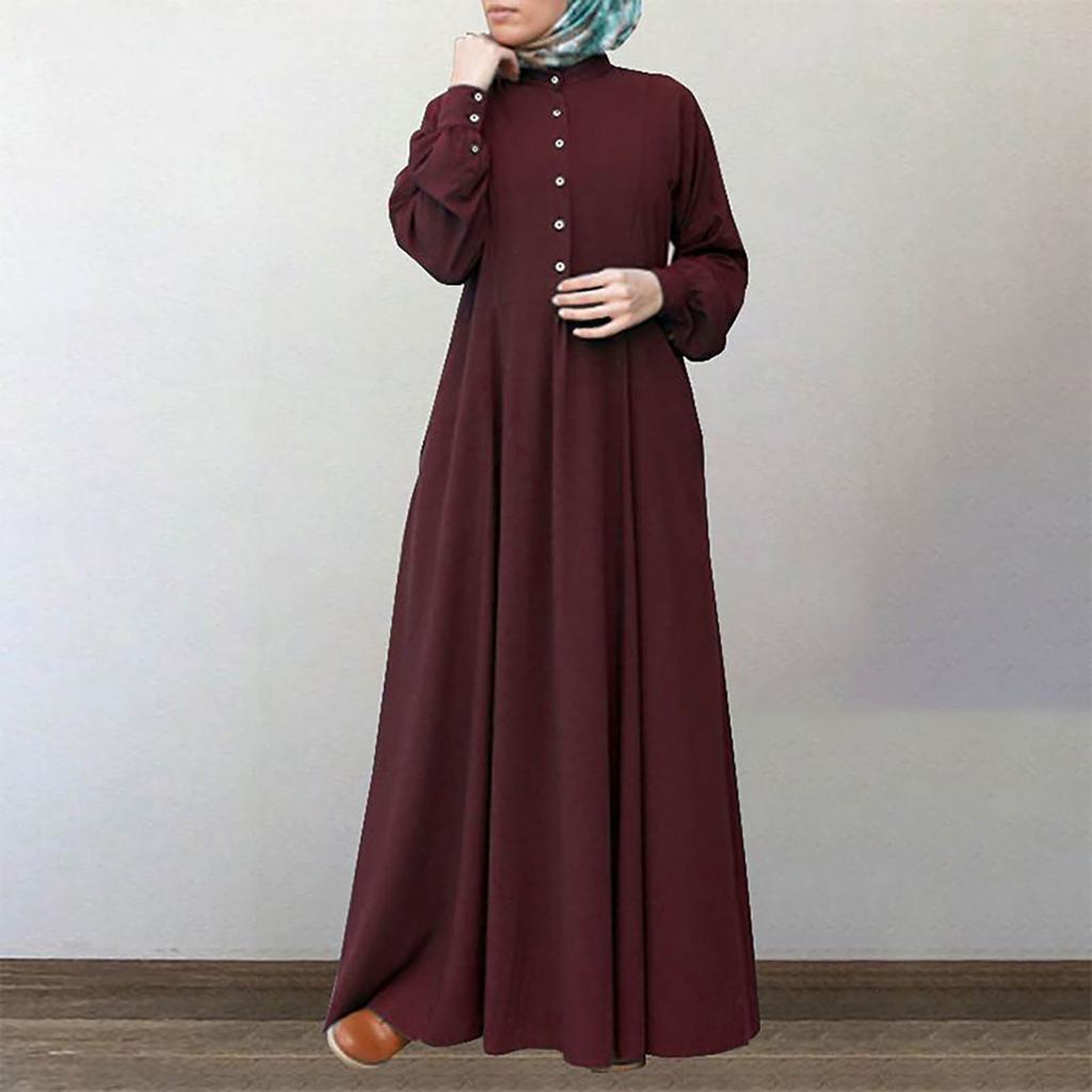 Women's Long Sleeve Button Down Casual Outfits Solid Color Round Neck Maxi Dresses