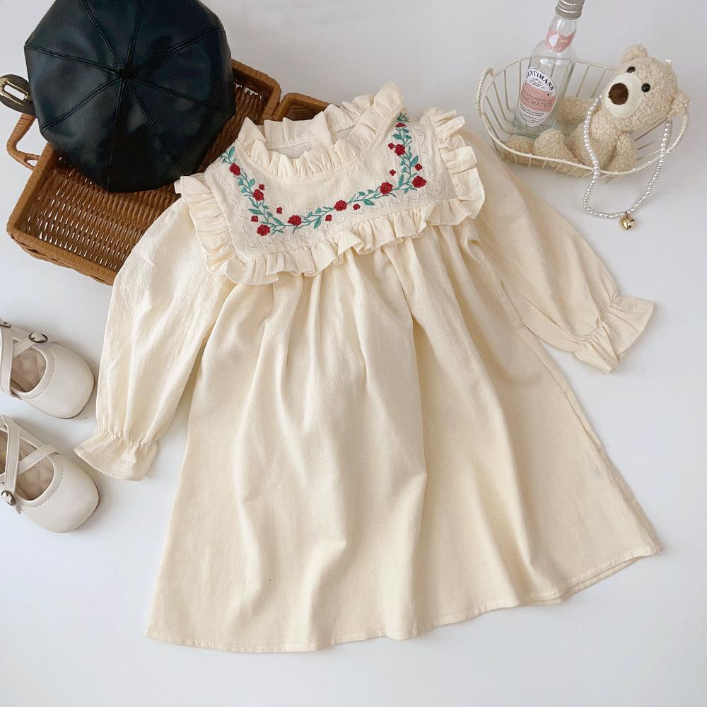 Girls Autumn Embroidered Floral Stand Collar Ruffle Long Sleeve Princess Dress Elegant Kids Party Gown 90cm