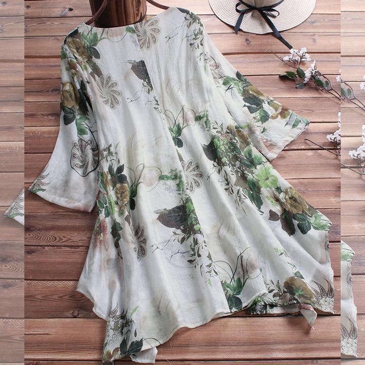 V-neck Floral Dress Spring Cotton and Linen Loose plus Size Women's Clothing Shirt Top