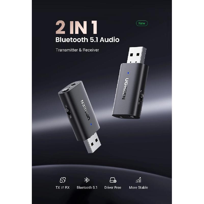 UGREEN 2 in 1 Bluetooth Car Adapter Bluetooth 5.1 Stereo Transmitter Receiver Wireless 3.5mm Aux Jack Adapter Car Kit Mic