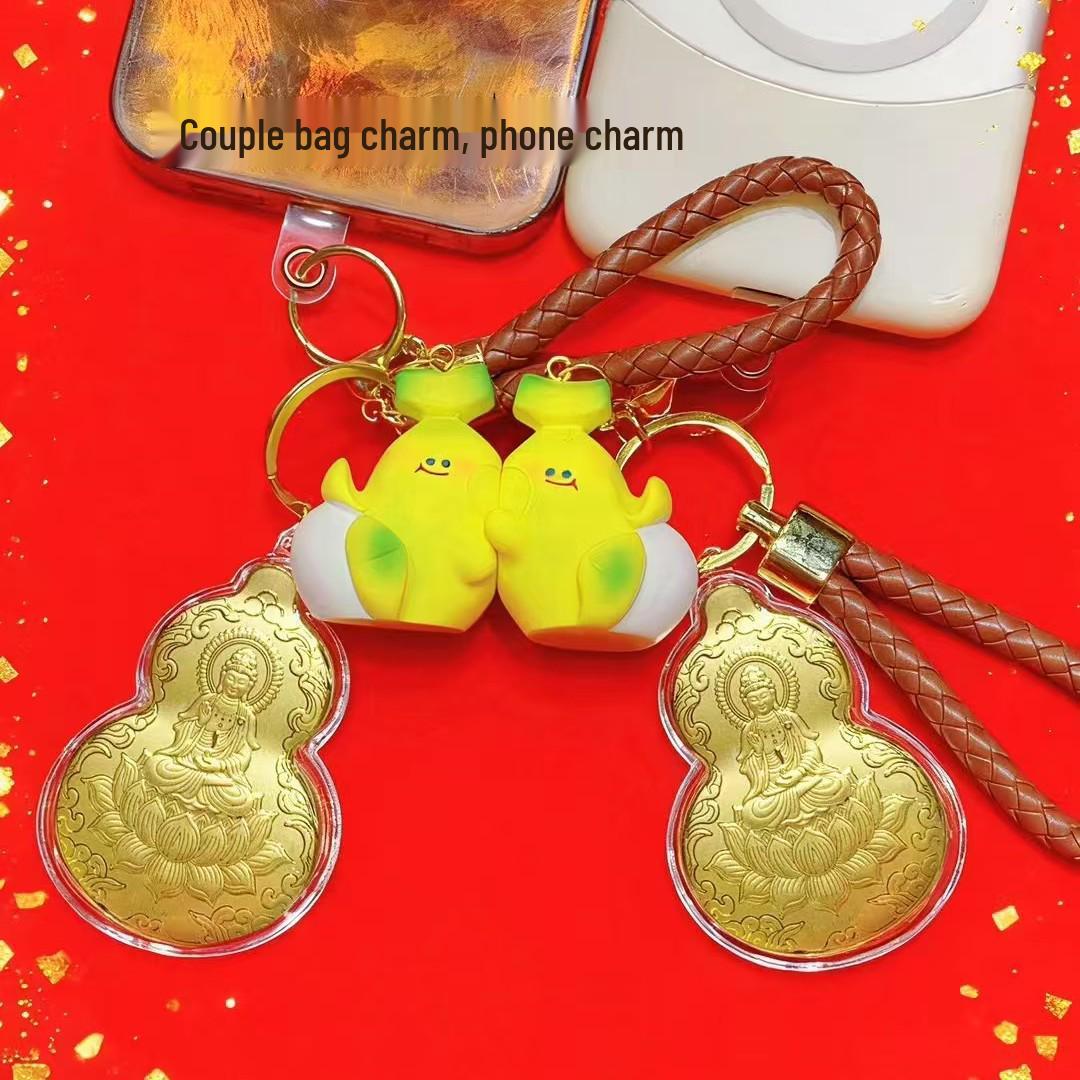 999 Pure Gold Horse to Success Couple Charms Keychain and Gourd Phone Charm - Valentine s Day Gift