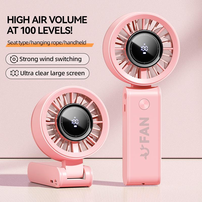 

Handheld Fan Digital Display Fans High-speed Cool Fan Mini Portable Type-C Charging Desktop Folding 100 Level Hanging Neck Fan розовый