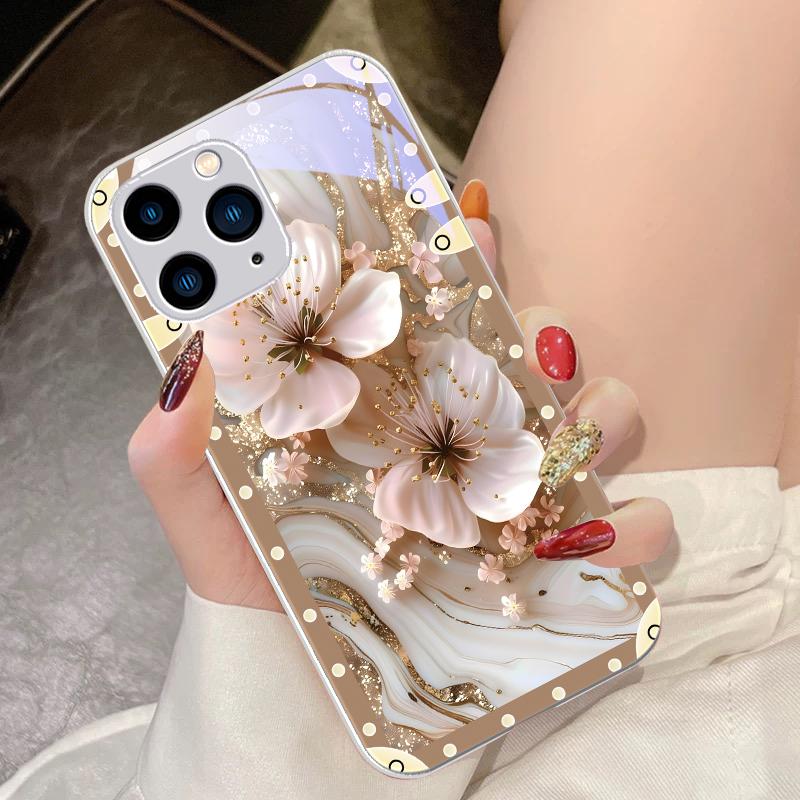 Box Pink Flowers For IPhone 16 Pro Max 15 Pro 14 13 12 Mini 11 XS Max XR 7 8 Plu SE 2022 Tempered Glass Phone Case