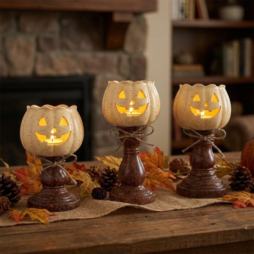 Antique Finish Pumpkin Candle Holder with Light Tealight Candle Holder Lamp Mantel Shelf Decor
