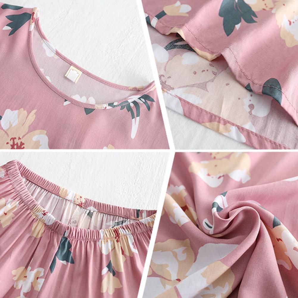 2 Pcs/Set Women Pajamas Set Mid-aged Flower Print Pleated O Neck Short Sleeve Pajama Wide Leg Sleepwear Pants Set