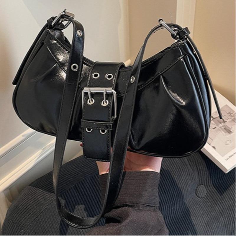 Ruffled Bag for Motorcycle with Lady-style Leather Belt Buckle, Trendy Single-shoulder Crossbody Bag At The Armpit