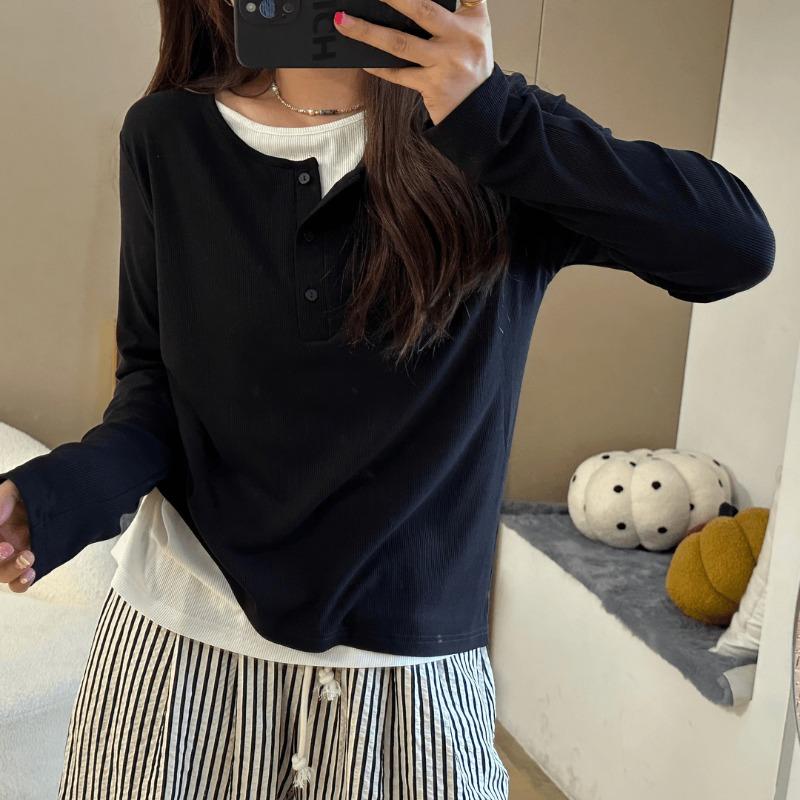 Spring Contrasting Color Splicing Fake Two-piece Top Women's Single-breasted Bottoming Shirt Commuter Long-sleeved T-shirt