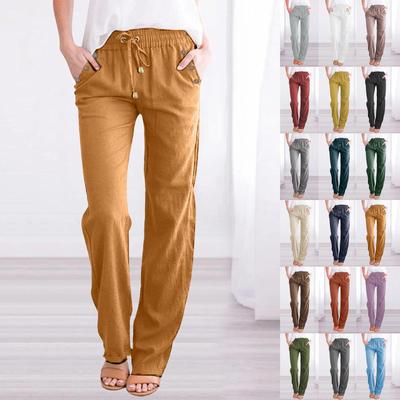 Women's Cotton Linen Pants Summer Wide Leg Casual Loose Drawstring High Waist Palazzo Pants Trousers With Pockets