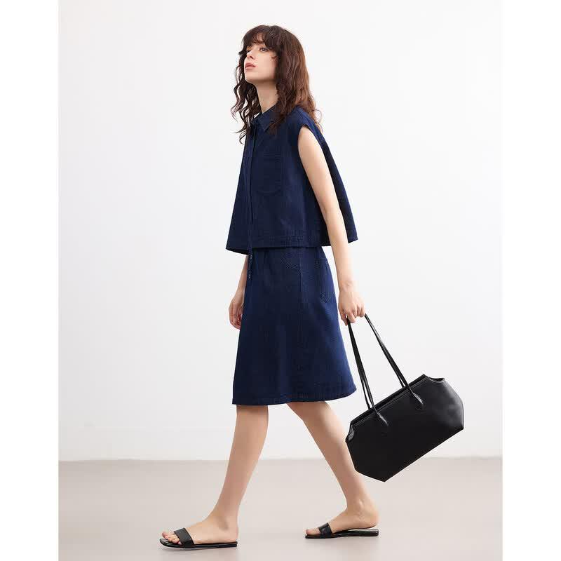 Women's Retro Faux Two-Piece Sleeveless Denim Dress