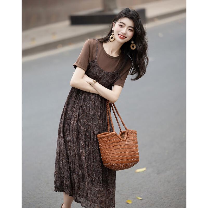 

Demana Summer French A-Line T-Shirt Style Faux Two-Piece Dress M