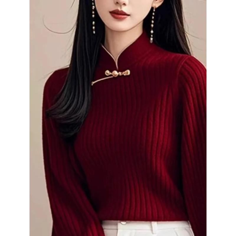 Autumn Winter New Chinese Style Red Stand Collar Long Sleeve Button Sweater Fashion Retro Lantern Sleeve Sweater
