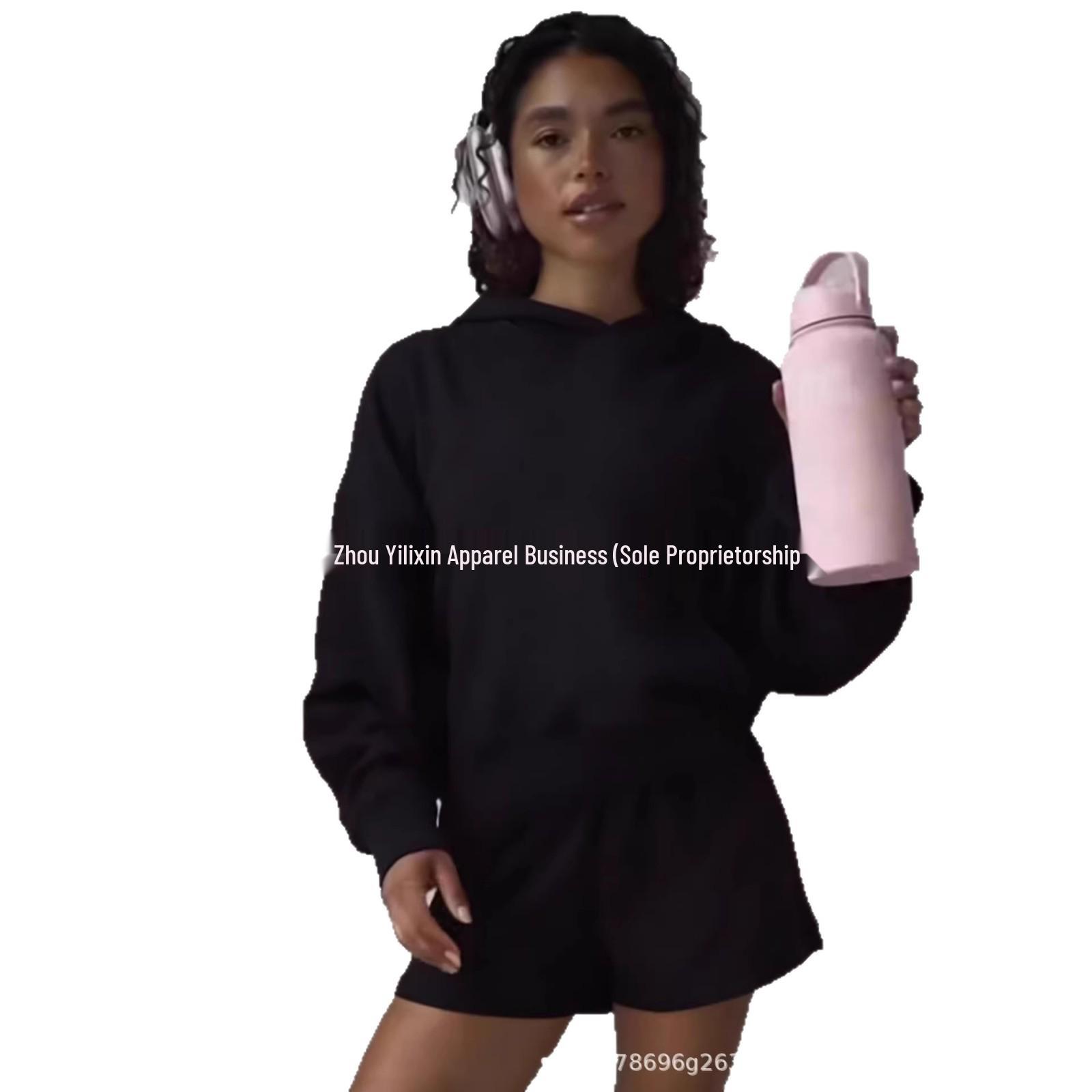 Spring 2026 Women s Casual Hooded Sweatshirt & Shorts Fitness Set Large чёрный
