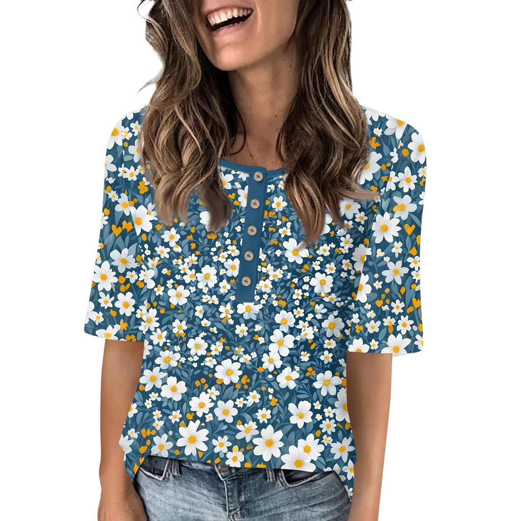 Shirts For Women Trendy Round Neck Button T Shirts Printed  Blouse Half Sleeve Tops For Women