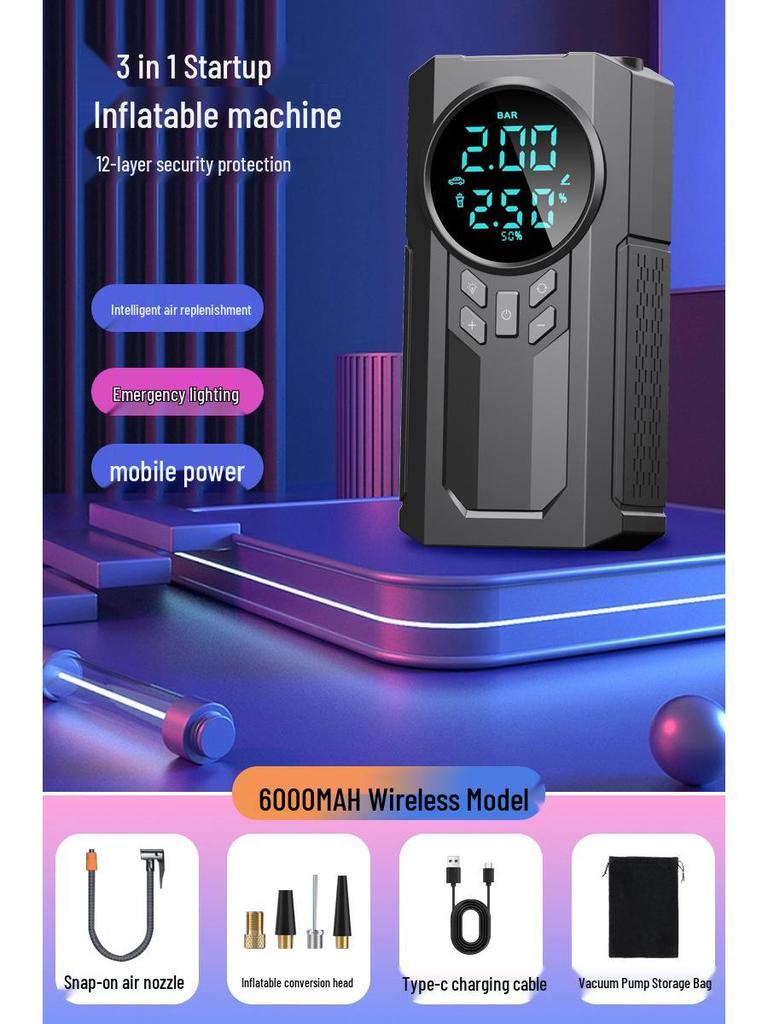 Car-Mounted Emergency Power & Inflator: Jump Starter, Wireless Charger, Tire Pump Combo.