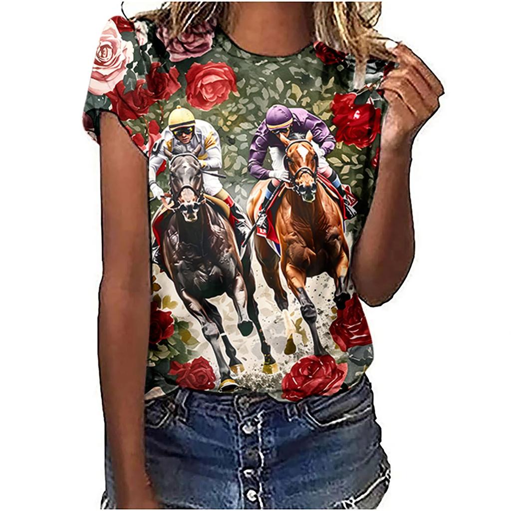 Grafické tričko s krátkým rukávem s kulatým výstřihem a 3D potiskem koňských dostihů Harajuku pulovr oblečení dámská trička