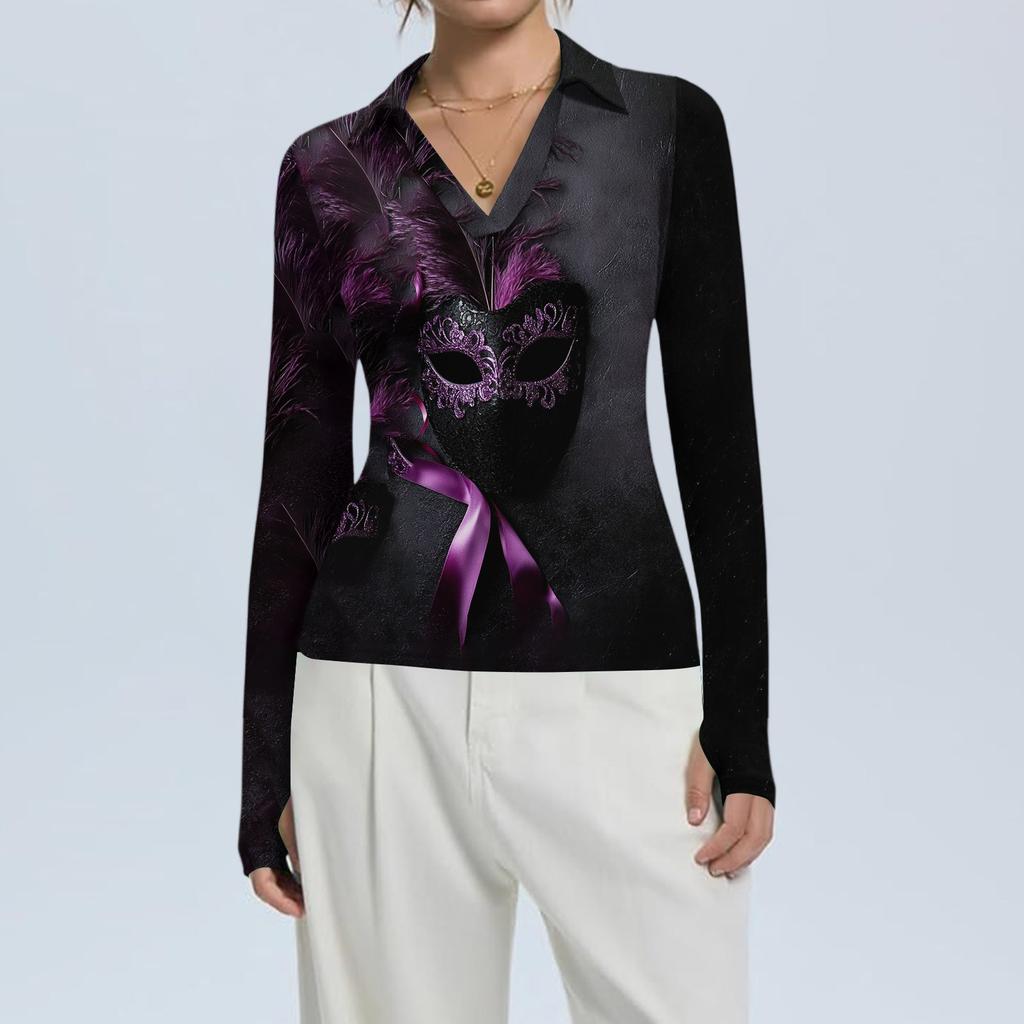 Women's Fashion Casual Print V-Neck Long Sleeve Button-Down Top