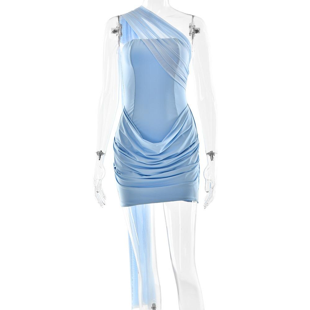 Women's One Shoulder Sleeveless Mini Dress Bodycon High Waist Sexy Milk Silk Ruched Draped Club Dress