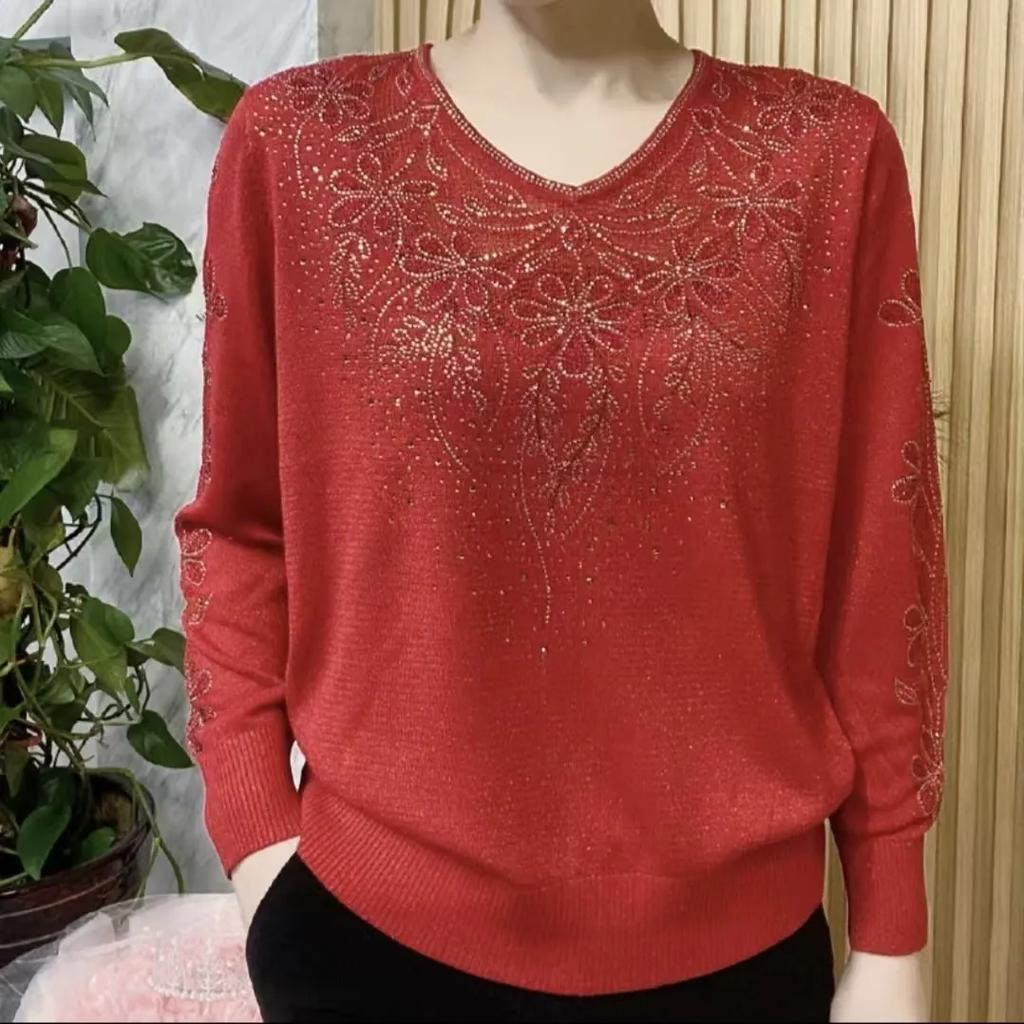 Spring Autumn V-neck Long Sleeve Sweater Women High Street Rhinestone Patchwork Pullovers